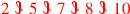 \leavevmode {\color {red}2~\scalebox {-1}[1]{\ell }~5~\scalebox {-1}[1]{\ell }~7~\scalebox {-1}[1]{\ell }~8~\scalebox {-1}[1]{\ell }~10}